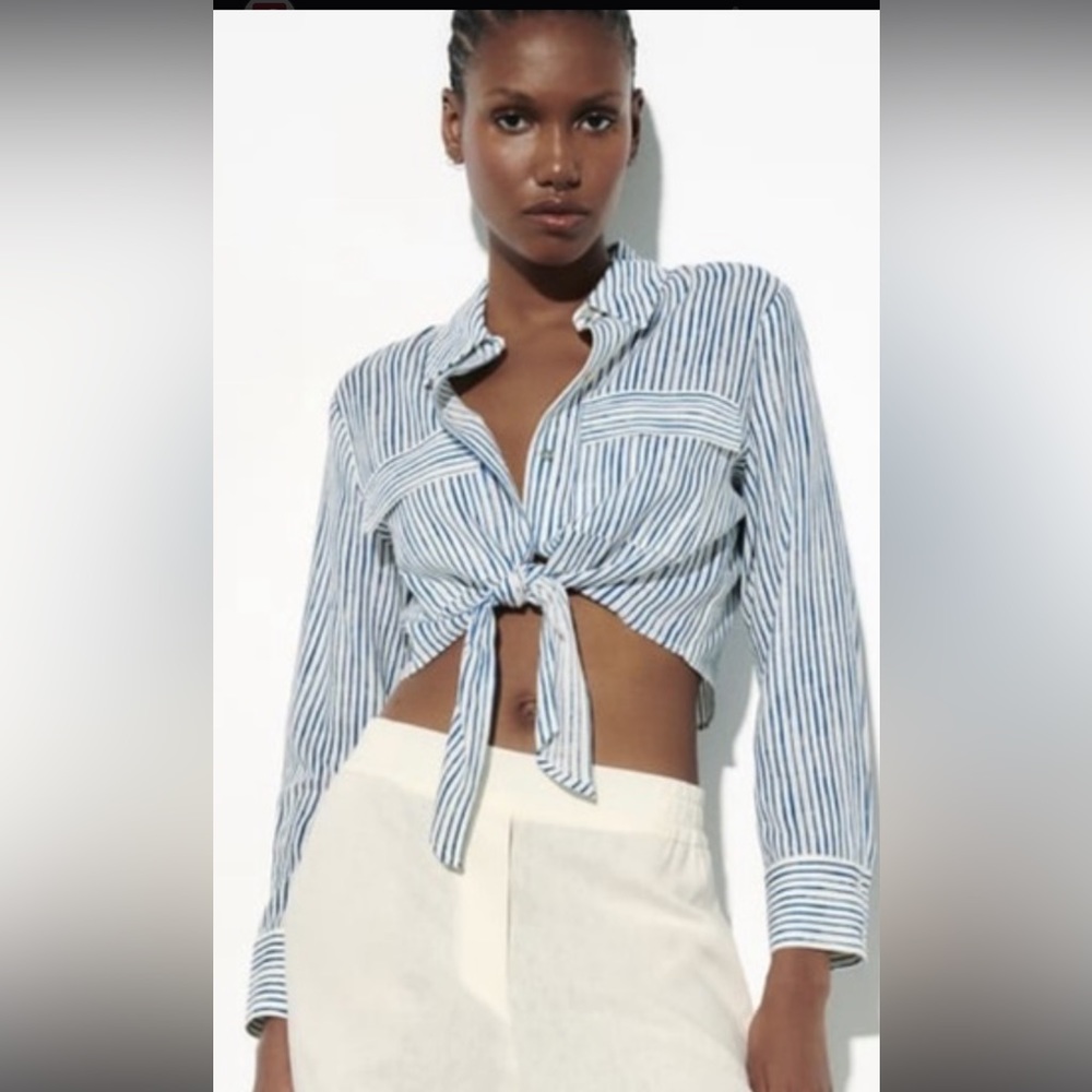 Women's Zara Blue & White Stripped Tie-Up Top
